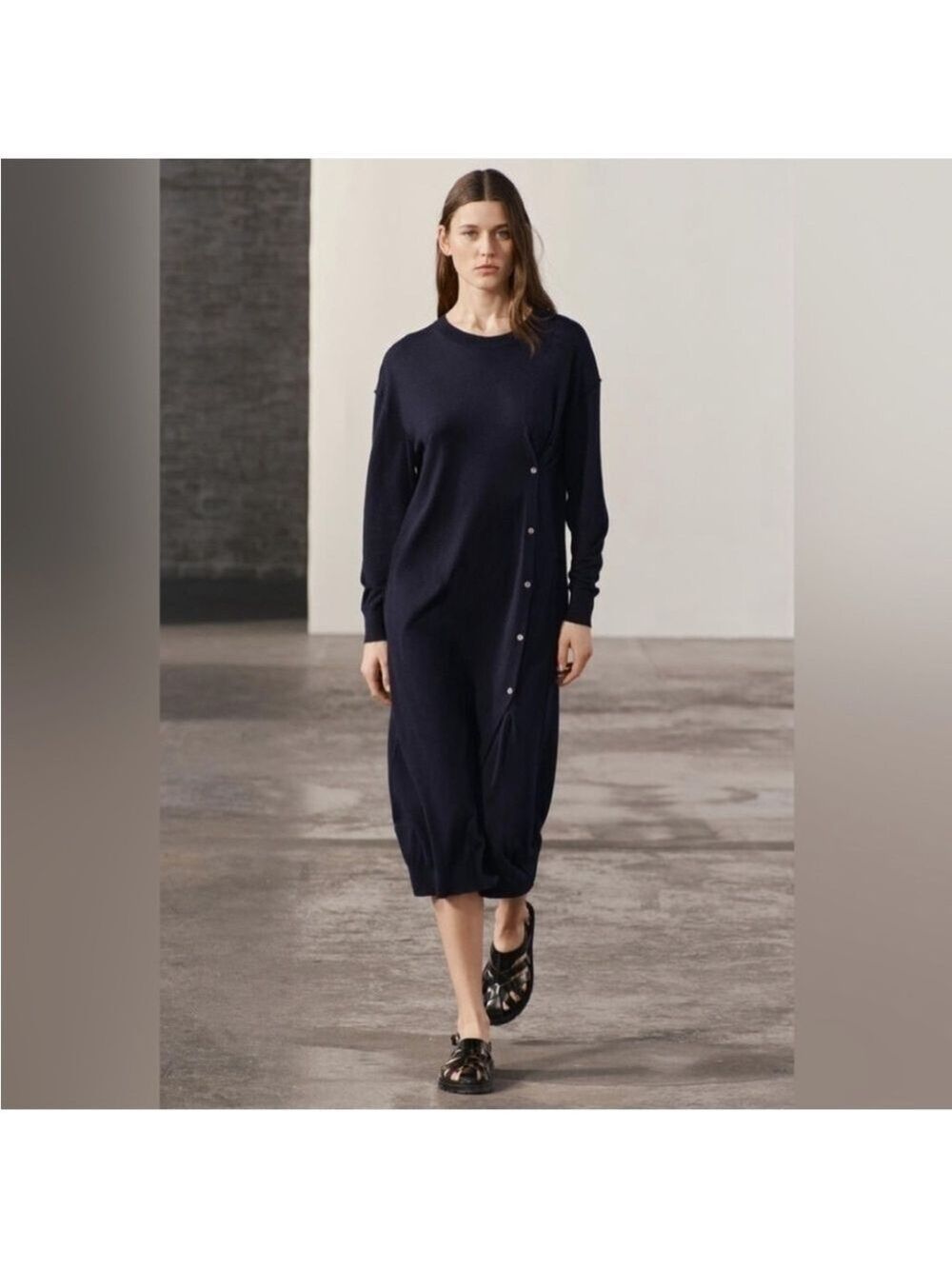 ZARA Fine Wool Blend Lightweight midi/maxi knit dress Side Buttons Navy Blue S - Picture 3 of 15